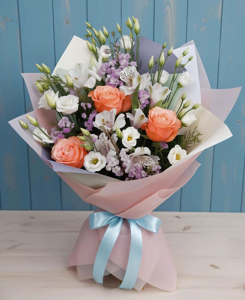 Букет цветов из: Лизиантусы, Розы, Альстромерии и Гипсофила в Юркино